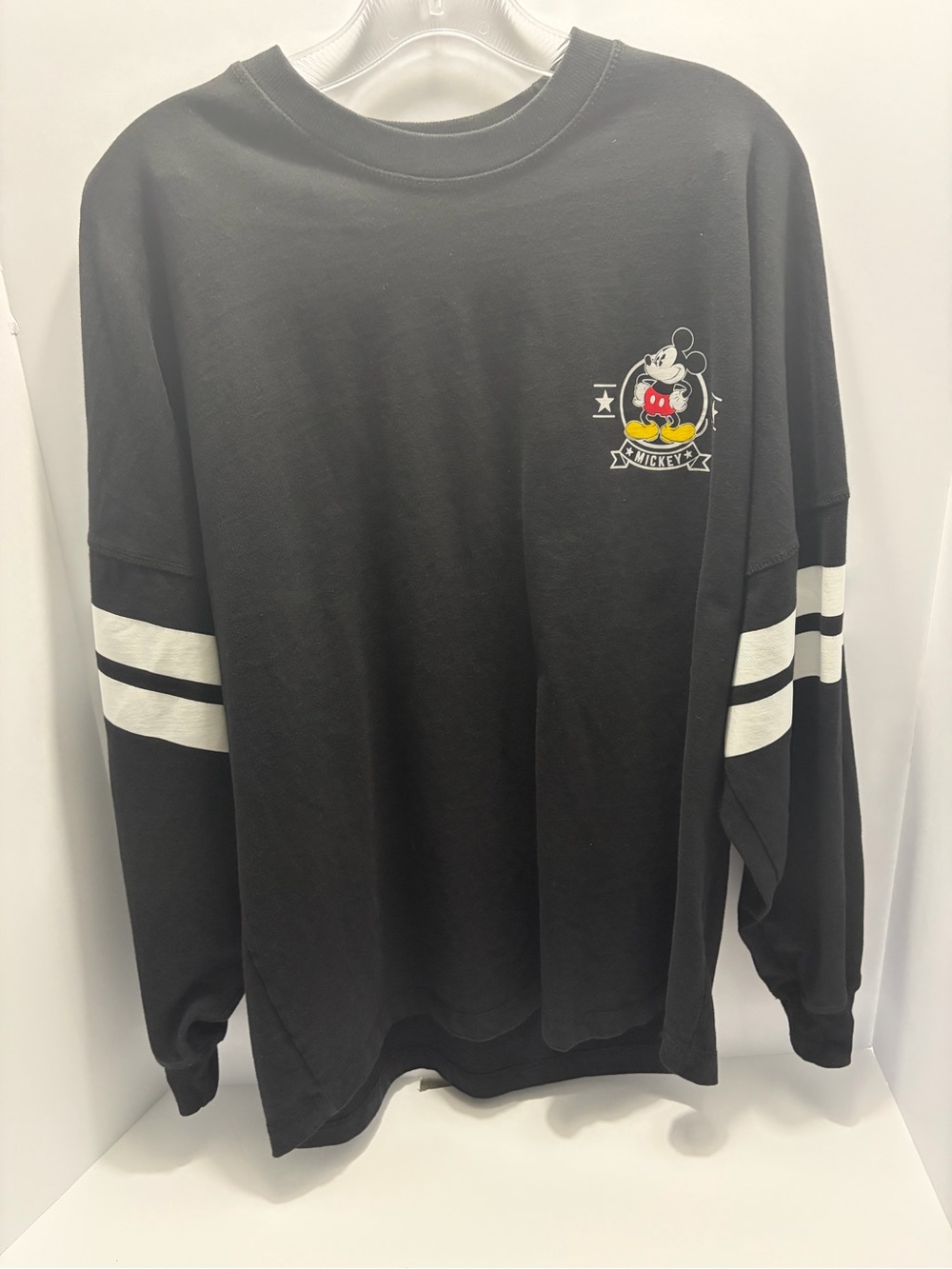 Disney Black Long-Sleeve Mickey Graphic Shirt with White Sleeve Stripes Unisex